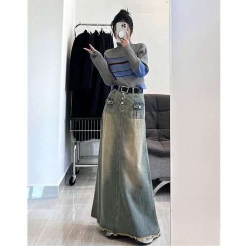 American retro tassel all-match denim skirt female Korean temperament niche design sense of old high waist long skirt