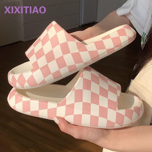 Thin strip home non-slip stepping shit feeling slippers female summer student sweet girl heart eva thick-soled plaid sandals and slippers