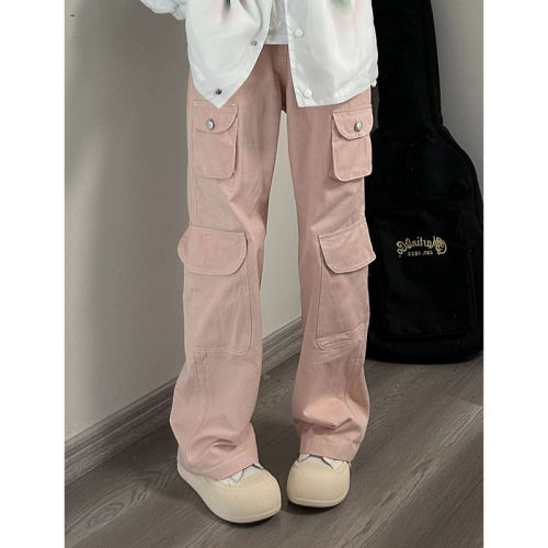 American retro pink high-waisted multi-pocket tooling jeans women's small straight slim loose wide-leg pants trendy