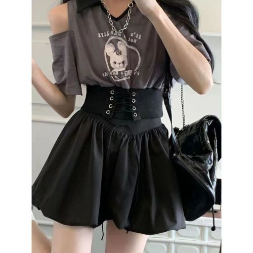 [Duddu Rabbit] Casual wear with a design sense of off-the-shoulder short sleeves + flower bud skirt summer fashion two-piece set trendy ins