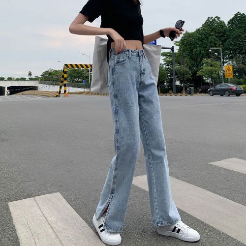 Small slit wide-leg jeans women's straight loose-fitting high-waisted  summer new drape mopping pants