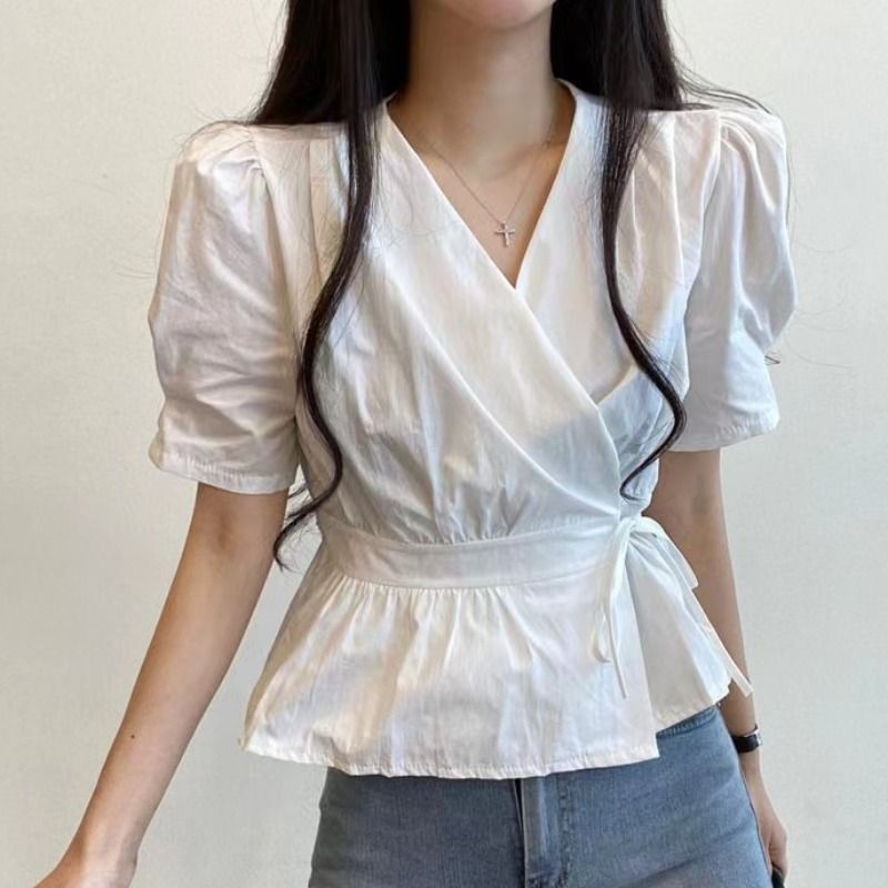 Korean chic summer design sense niche simple solid color V-neck back elastic tie waist short shirt women