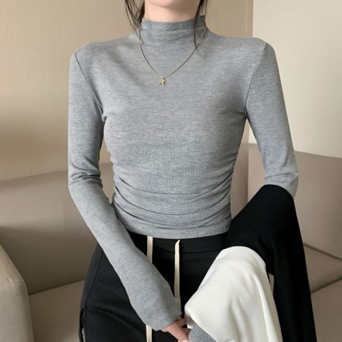 Casual gray long-sleeved T-shirt women's autumn and winter  new slim-fit pleated hot girl half-high collar bottoming top