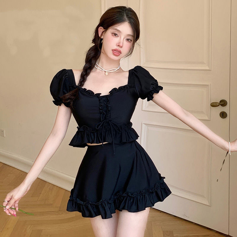 Hot spring swimsuit female fairy fan skirt split conservative slimming cover belly student small fragrance professional ins style cute