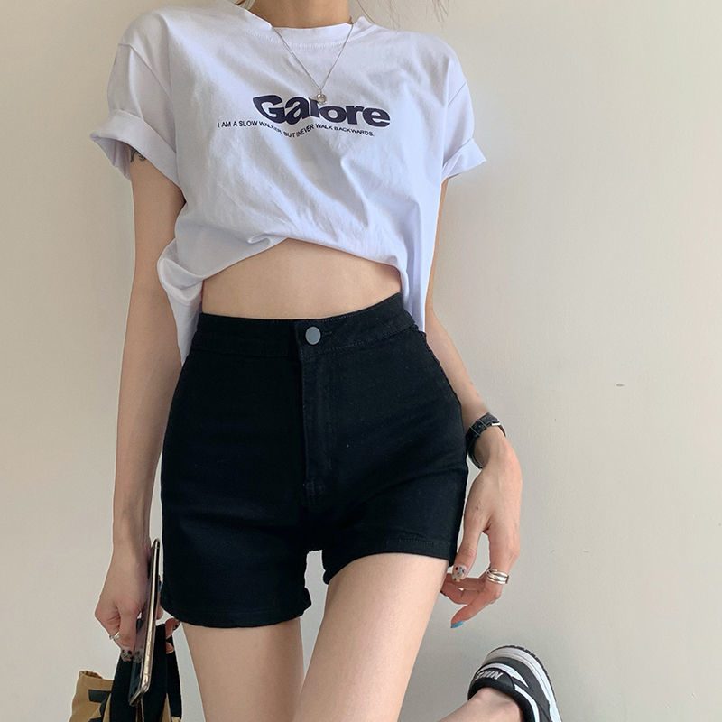 Ins tight elastic denim shorts women's summer new all-match high waist slimming long legs black a-line hot pants