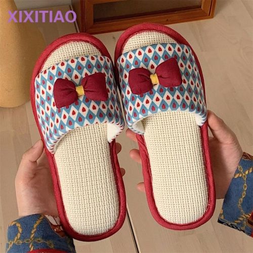 Thin strip women's spring and summer home bedroom fairy wind non-slip soft bottom linen slippers four seasons bowknot cotton and linen sandals