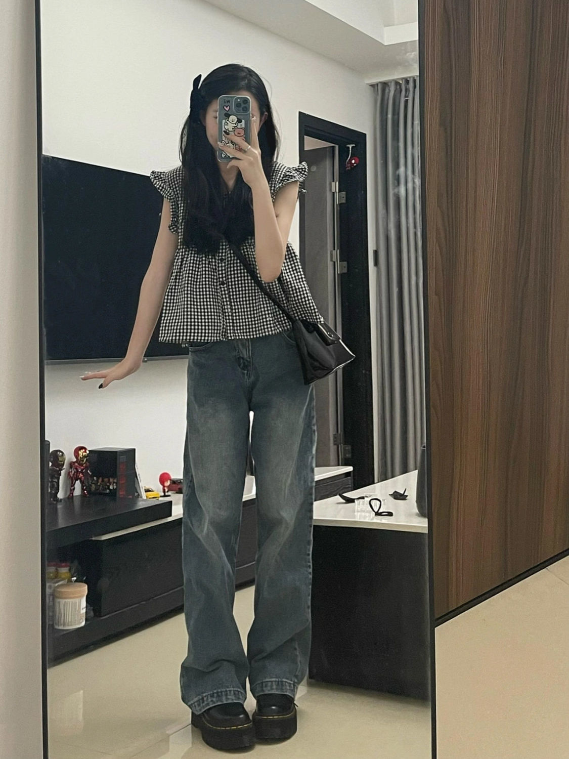 Large size old washed high-waisted jeans women's fat mm loose straight-leg pants look thin casual wide-leg mopping pants trendy