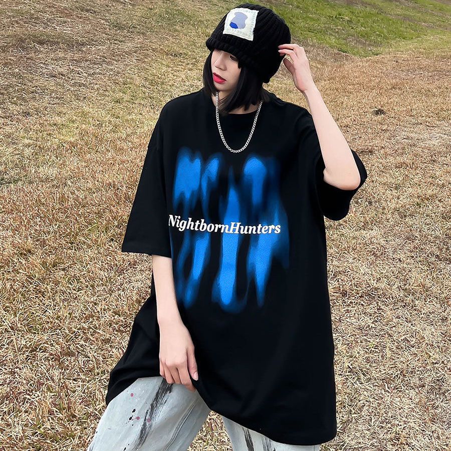 100% cotton oversize American style loose short-sleeved T-shirt women's national tide high street print design sense niche top