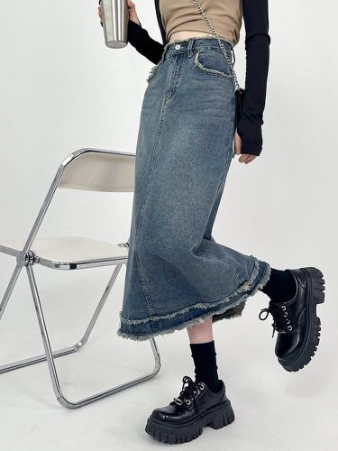 Spice girl A-line all-match denim skirt female spring and autumn slim stitching retro high waist raw edge washed mid-length skirt