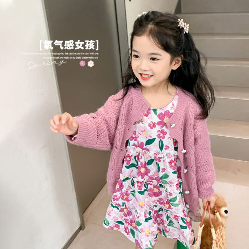 Early spring 2023 girls' spring clothes new foreign style children's baby knitted sweater coat floral dress skirt children's clothing tide