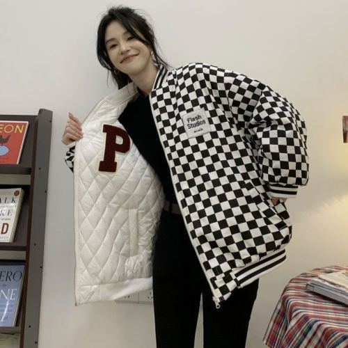 Lingge cotton clothing women's reversible wear  new autumn and winter Korean version loose thick baseball uniform checkerboard retro cotton clothing