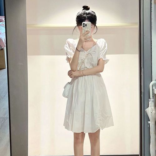 French design puff sleeves square collar white dress female student summer Korean version waist slimming a-line skirt