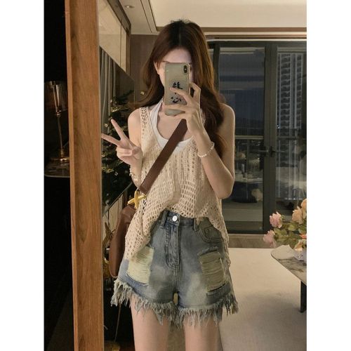 Retro washed ripped denim shorts women's small summer straight slim loose wide-legged a-line hot pants