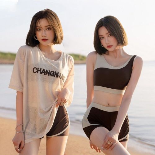 Swimsuit female split three-piece conservative student blouse sunscreen belt chest pad 2022 new quick-drying hot spring swimsuit