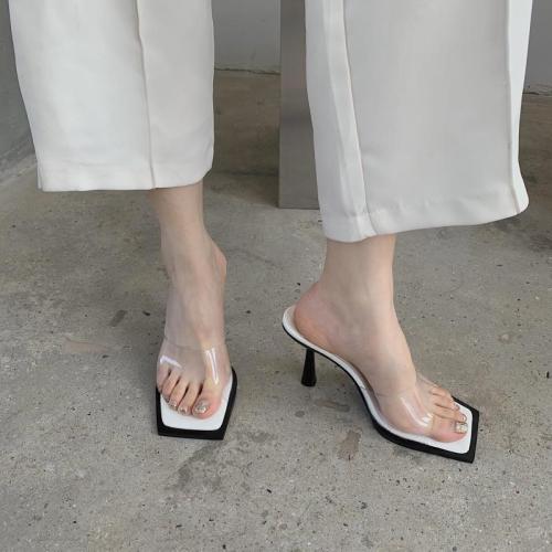 Semi-slippers women's outerwear  summer new all-match fashion flip flops transparent square head stiletto high-heeled sandals
