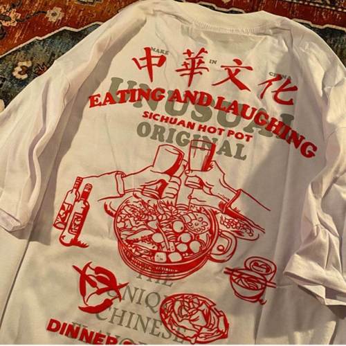 100% pure cotton national tide original Chinese culture printed long and short sleeve T-shirt Hong Kong style loose round neck BF top