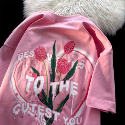 Hong Kong style pink sweet cool tulip short-sleeved t-shirt female 2022 new design couple summer dress 100 pure cotton top