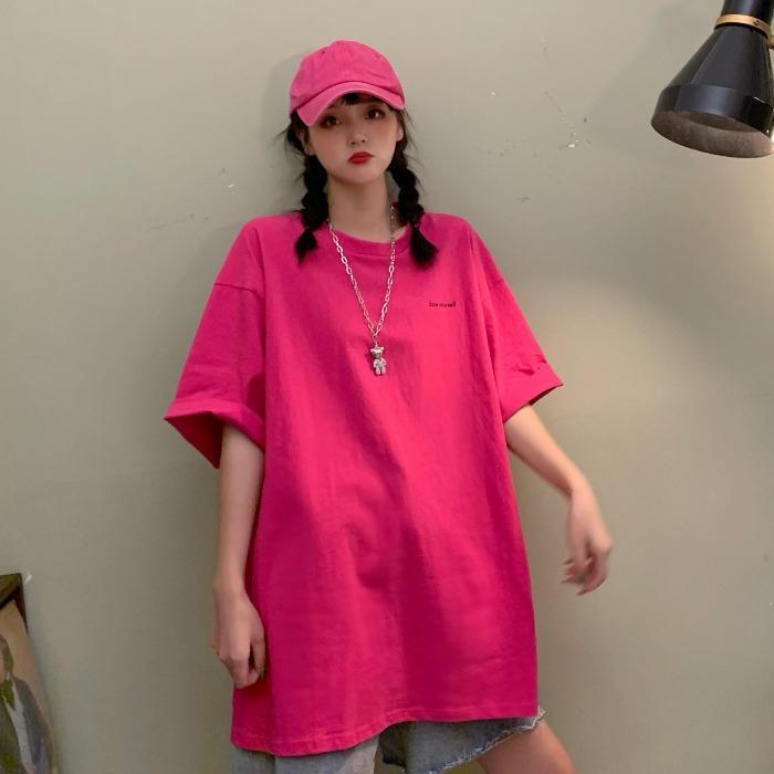 100% cotton casual bf style loose student short-sleeved rose red top Korean version of ins net red T-shirt female summer tide
