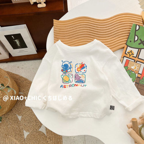 Children's spring and autumn cute printed cotton thin section solid color round neck long-sleeved T-shirt ins white baby bottoming shirt long-sleeved