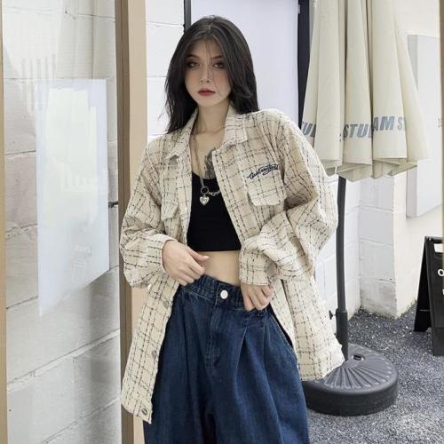 Korean version design sense small fragrant wind jacket female spring and autumn new student plaid embroidery retro all-match tooling jacket tide