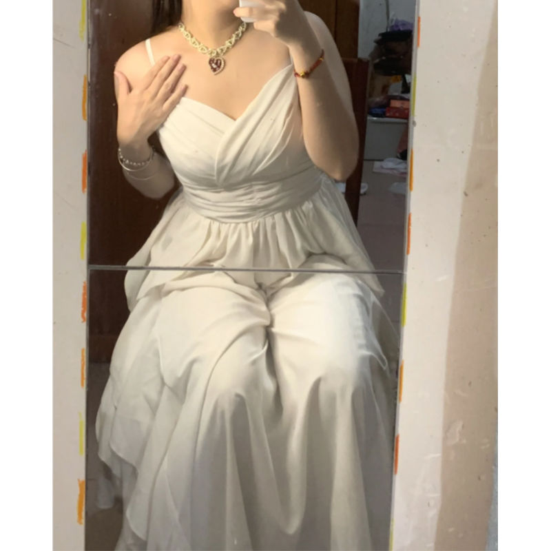 Large size women's super fairy white dress women's summer suspender skirt temperament gentle long skirt looks thin and covers flesh slightly fat