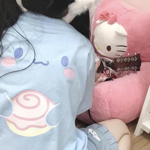 Summer Japanese ins college style cute cartoon cinnamon dog print loose short-sleeved T-shirt female soft girl sweet and spicy top