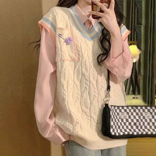 Two-piece suit Japanese style lazy style contrast color layered vest vest knit sweater female student + pink shirt