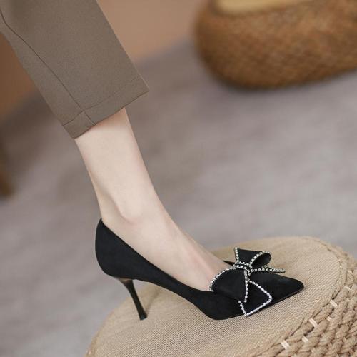 Leather stiletto high-heeled shoes women 2023 summer new Korean version bowknot pointy-toed single shoes black soft-soled work shoes