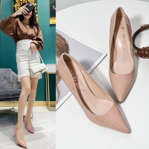 Nude pointed high-heeled shoes 2022 summer new patent leather professional all-match white 5 cm low-heeled women's single shoes stiletto