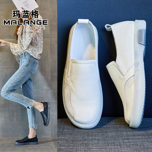 Genuine leather small white shoes women's top layer cowhide casual breathable hollow flat bottom single shoes spring and summer beef tendon soft bottom moccasins