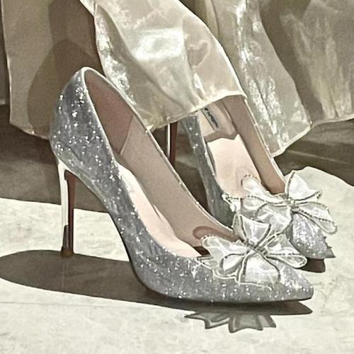 French silver high-heeled shoes women's 2023 new crystal sequin bridal wedding shoes bow rhinestone single shoes stiletto