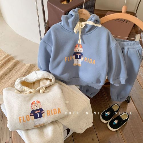 Children's fleece suit autumn and winter new boys and girls bear hooded one fleece thickened sweater and pants two-piece set trendy