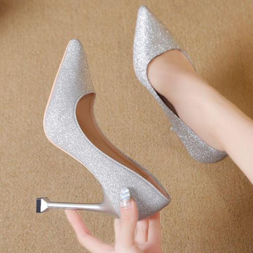 Autumn new silver high-heeled shoes women's stiletto sexy pointed toe cat heel women's shoes all-match sequin girls sequin single shoes