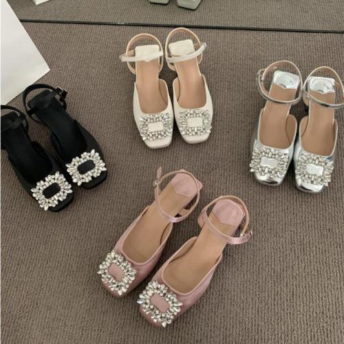 Temperament rhinestone French Baotou sandals evening wind thick heel single shoes silver sandals women's shoes  spring and summer new outerwear