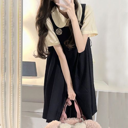 Two-piece suit preppy style summer sweet JK embroidery pleated suspender dress female student + all-match shirt
