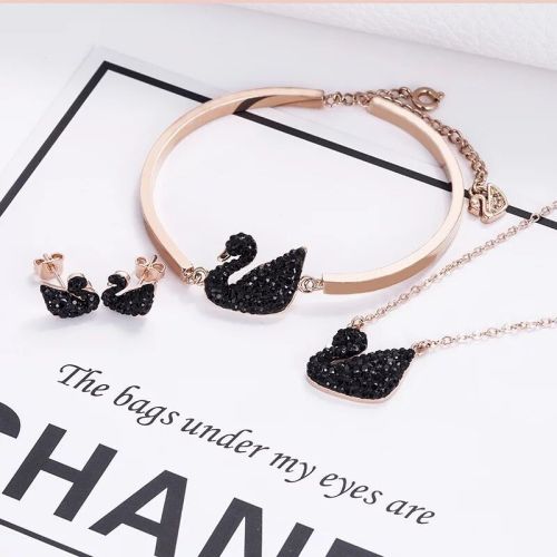 Korean version of rose gold titanium steel black swan necklace women's earrings bracelet three-piece set all-match collarbone chain earrings do not fade