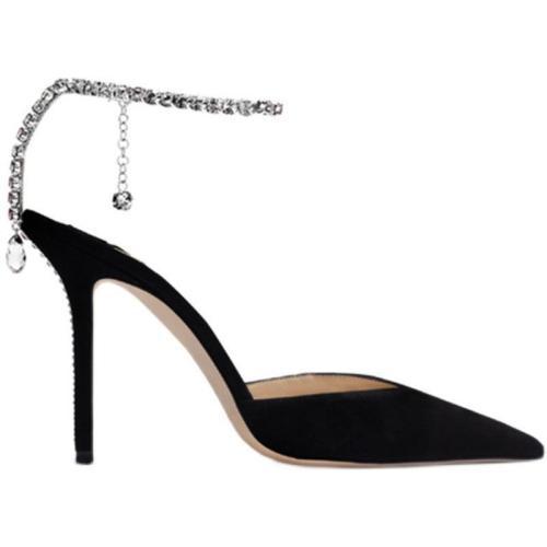 2023 spring and summer new black high-heeled shoes sexy pointed toe stiletto rhinestone chain word buckle strap Baotou sandals women