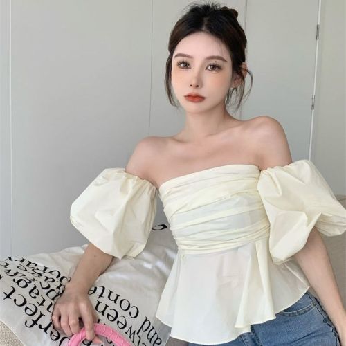 2023 summer new Korean style design puff sleeves one-shoulder thin all-match tube top shirt top women's fashion