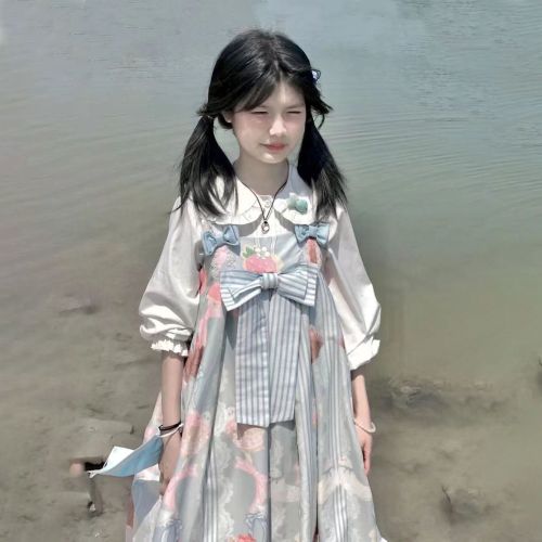 Japanese soft girl Lolita bowknot printed suspenders dress female student + doll collar shirt one piece/set