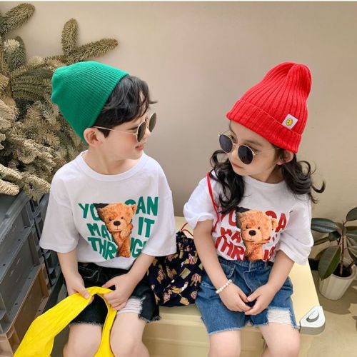 Children's Korean version of loose printed white T-shirt summer children's baby all-match bear short-sleeved top t-shirt sister and brother outfit