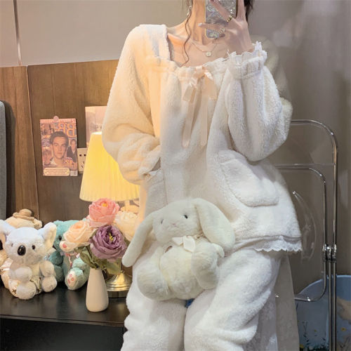 Coral fleece princess style pajamas women's suit new bowknot nightdress autumn and winter Korean version sweet student home service