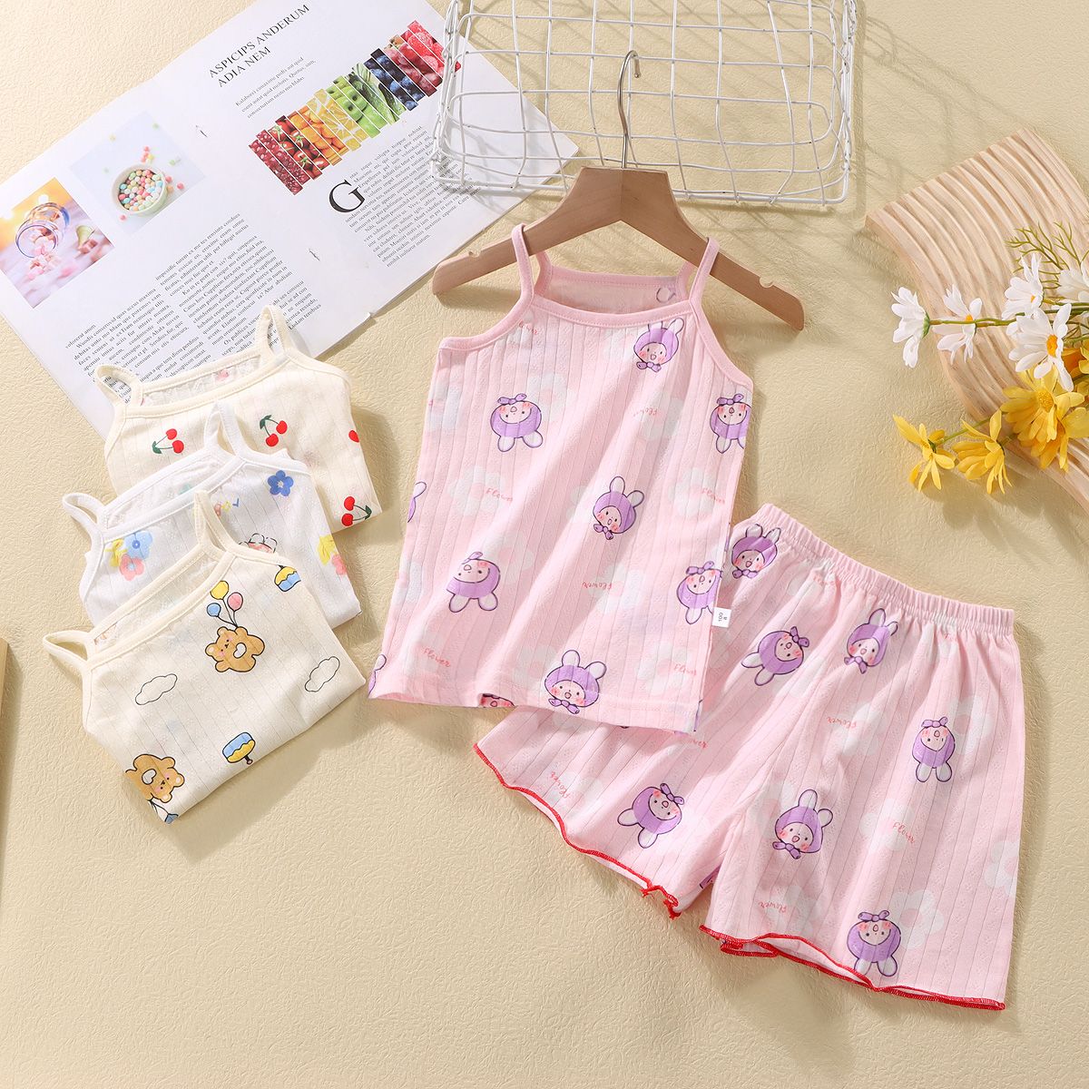 Children's Suspender Skirt Suit Summer Girls Cotton Pajamas Home Clothes Outside Wear Vest Short Skirt Baby Air Conditioning Clothes