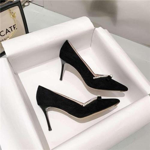 Niche temperament 2023 new suede French pointed high-heeled stiletto women's single shoes all-match work pearl four seasons