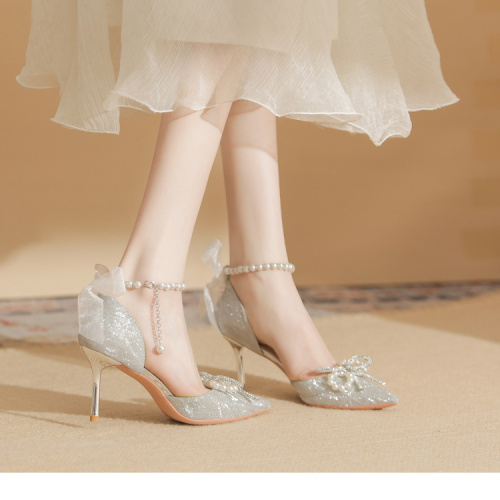 Pearl chain one word with high heels female 2023 new wedding shoes bridal shoes ribbon bow pointed single shoes female