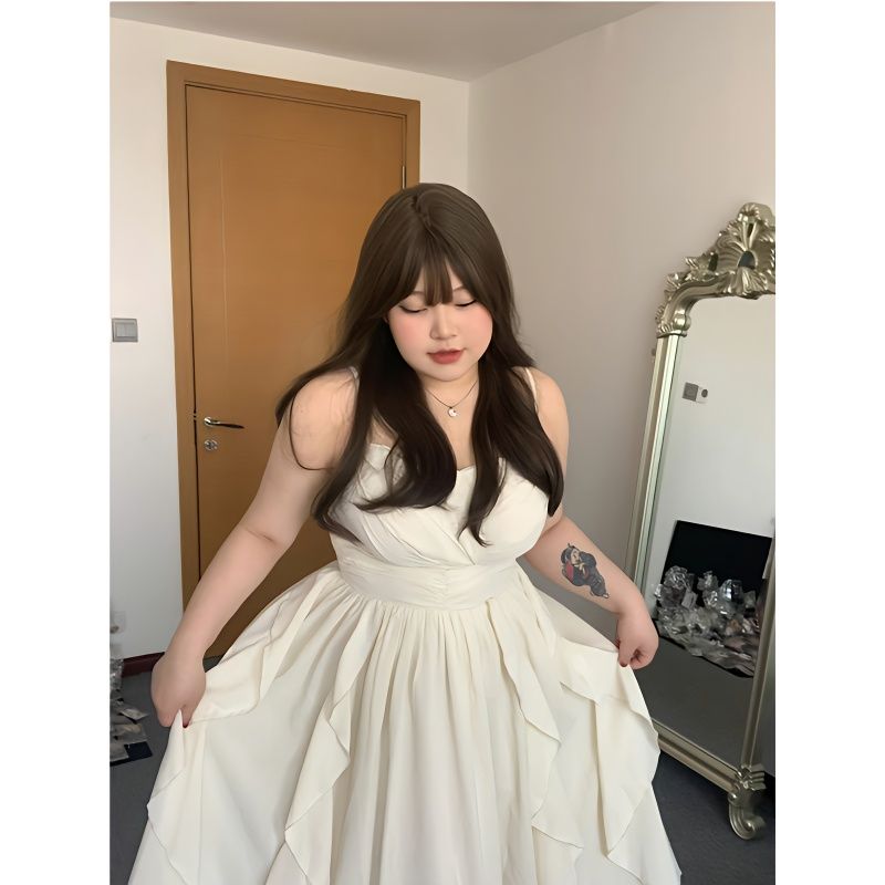 Large size women's super fairy white dress women's summer suspender skirt temperament gentle long skirt looks thin and covers flesh slightly fat