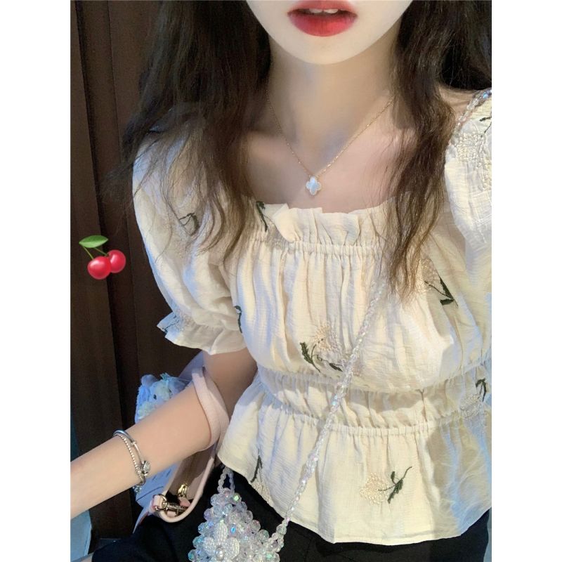 2023 sweet flower embroidered short-sleeved shirt women's summer square collar puff sleeve shirt loose and thin short top