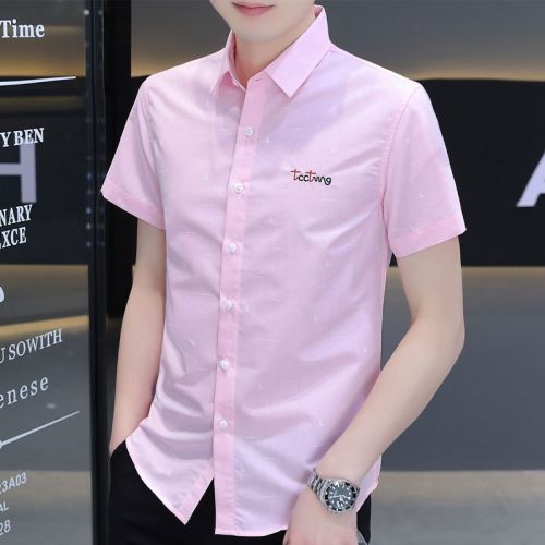 Summer short-sleeved shirts men's Korean style trendy slim-fit shirts business casual printed tops all-match embroidery inch shirts