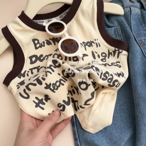 100 pure cotton girl fried street sleeveless T-shirt summer new children's vest letter printing top baby clothes spring