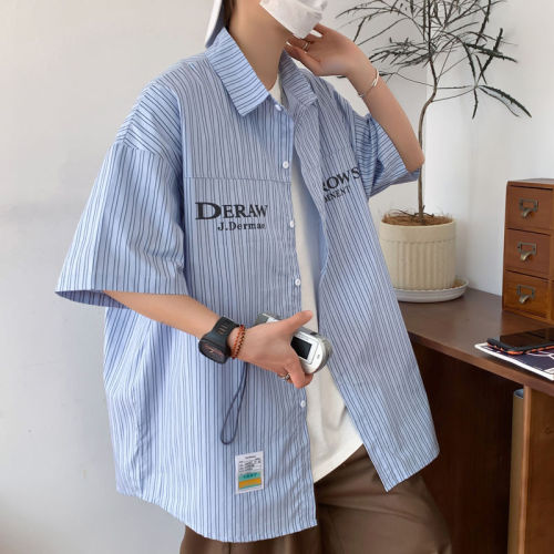 Striped short-sleeved shirt men's summer loose casual Hong Kong flavor chic tide brand trendy high-end design shirt handsome