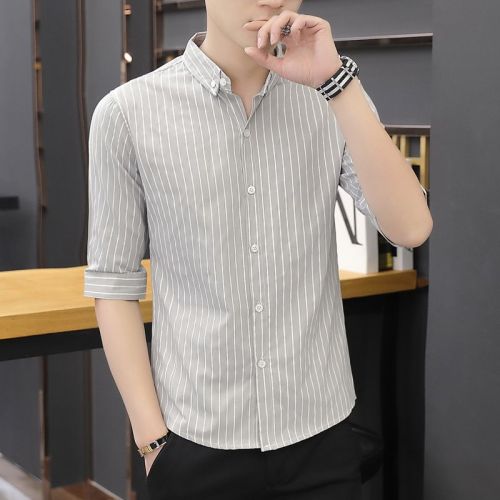 2023 spring trendy brand five-quarter-sleeve shirt men's Korean version of the slim-fit striped shirt handsome all-match one-inch shirt men's mid-sleeve